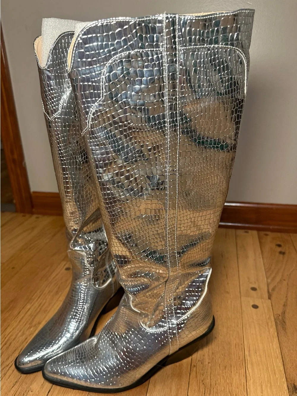 Fashion Nova Silver Croc-Embossed Over-the-Knee Boots